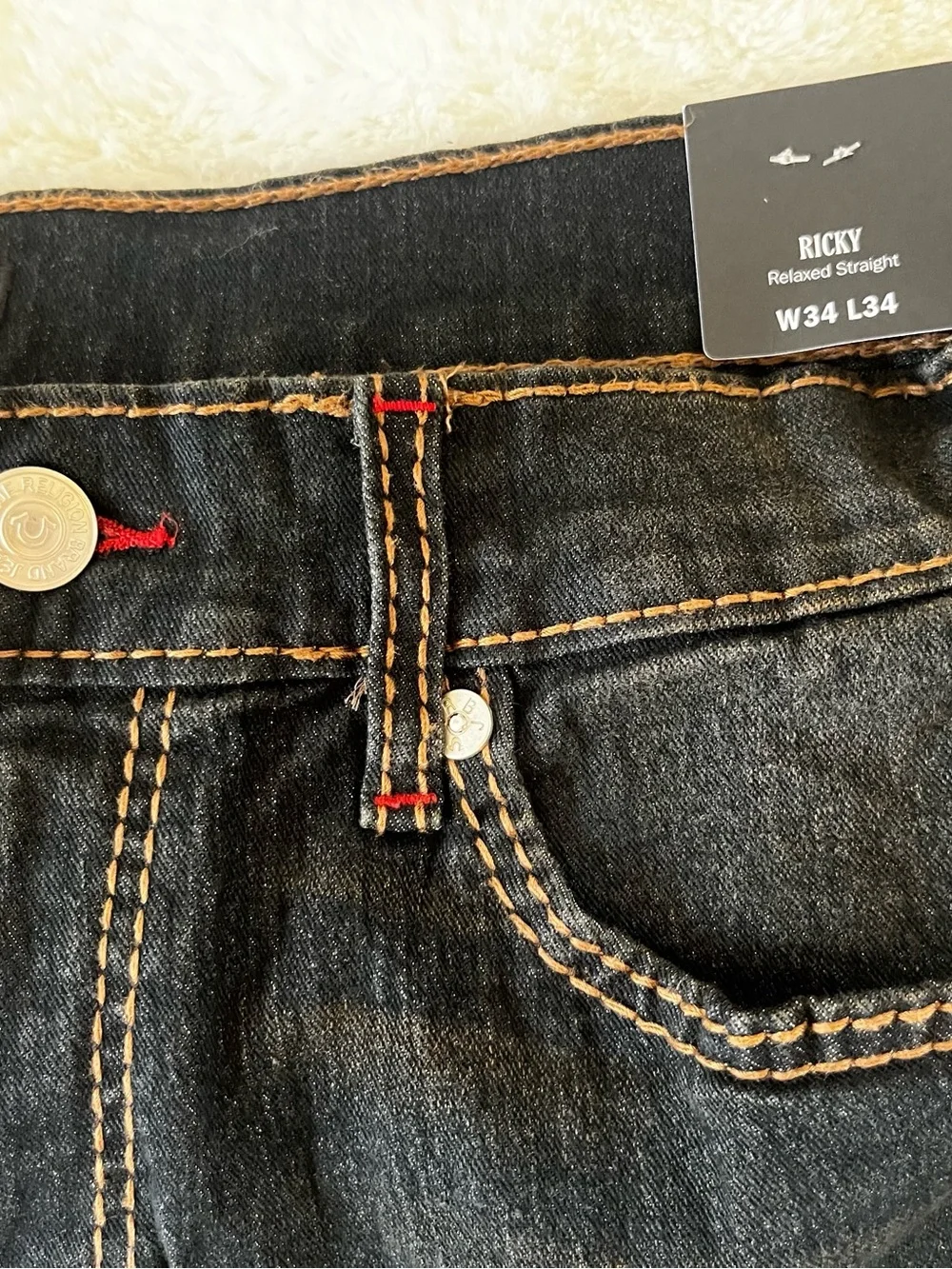 True Religion Ricky Jeans in Dark Blue with Red Stitching 34x34 NWT